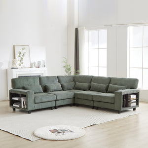 English Elm 102.75*102.75" L-Shaped Modular Sectional Sofa with Corduroy Upholstery, Storage Arm, Cup Holder, 5-Seat Convertible Lounge Green W1926S00054