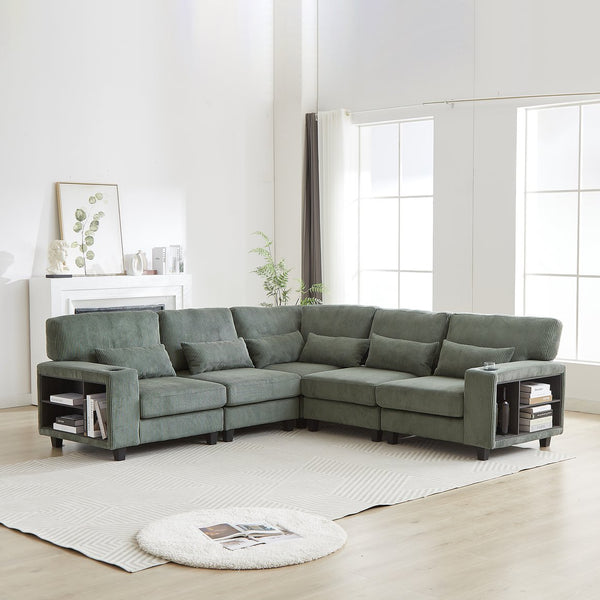English Elm 102.75*102.75" L-Shaped Modular Sectional Sofa with Corduroy Upholstery, Storage Arm, Cup Holder, 5-Seat Convertible Lounge Green W1926S00054