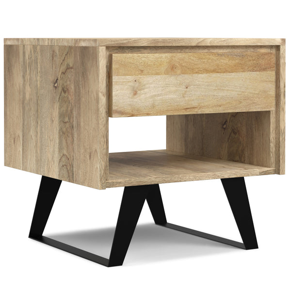 English Elm Lowry Natural Mango Wood End Table with Drawer, Modern Industrial Metal Legs, 22" Square Accent B136P203451