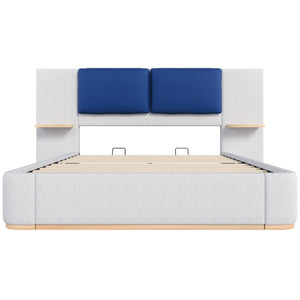 English Elm Christopher Knight Home® - Queen Plush Leather Upholstered Bed Frame with Wingback Headboard, Wavy Footboard, Quiet Support Blue+Grey 50.63 L x 18.88 W x 8.25 H N761S0000023E