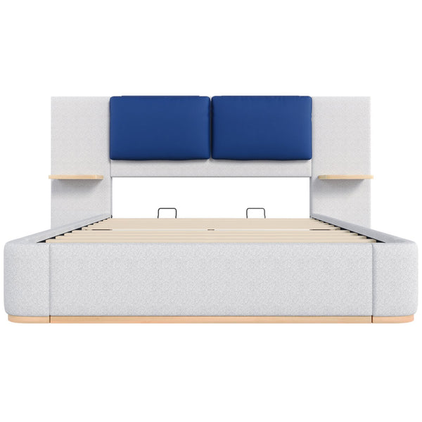 English Elm Christopher Knight Home® - Queen Plush Leather Upholstered Bed Frame with Wingback Headboard, Wavy Footboard, Quiet Support Blue+Grey 50.63 L x 18.88 W x 8.25 H N761S0000023E