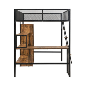 English Elm Full Full Size Metal Loft Bed with Built-In Desk, Wardrobe & Shelves in Black — Space-Saving, Sturdy Design (Fits 6" Mattress) GX001134AAB