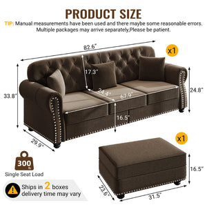 English Elm 82.6"upholstered Velvet Chesterfield Sofa with Button Tufting Nailhead Trim Rolled Arms Brown W1885S00371