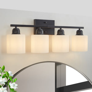 English Elm Black 4-Light Modern Vanity Light Fixture With Frosted Glass Shades For Elegant Bathroom Upgrades W2312P374846