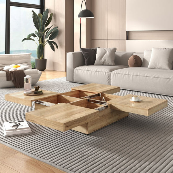 English Elm Square Marble Veneer Coffee Table with Sliding Top Hidden Storage Pedestal Base Natural N735P388120N
