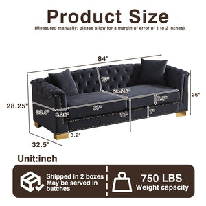 English Elm {video] Tufted Black Velvet Chesterfield Sofa with Gold Studs Three Seat Living Room Black+Blue W1926S00097