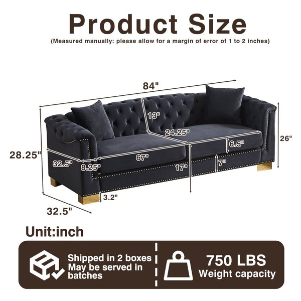 English Elm {video] Tufted Black Velvet Chesterfield Sofa with Gold Studs Three Seat Living Room Black+Blue W1926S00097