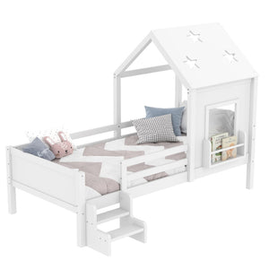 English Elm Full Bunk Bed with Trundle Bookshelf Storage Pine Frame Car Design for Kids Light White W1580S00293