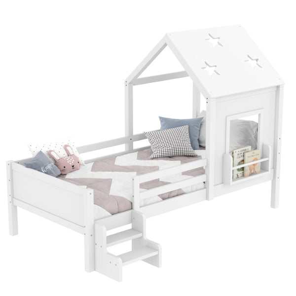 English Elm Full Bunk Bed with Trundle Bookshelf Storage Pine Frame Car Design for Kids Light White W1580S00293