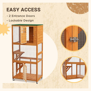 English Elm Pawhut Wooden Catio Outdoor Cat Enclosure with Wheels Weatherproof Asphalt Roof W2225P173770