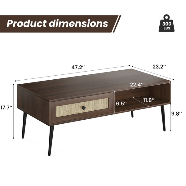 English Elm Mid-Century 47" Rectangular Coffee Table with Rattan Drawer, Open Shelf & Metal Legs for Living Room Walnut T3623P380005