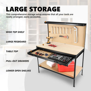 English Elm 63" Steel Workbench with Pegboard Mdf Surface Drawer for Garage Workshop Use W2079P185202