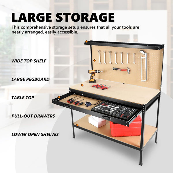 English Elm 63" Steel Workbench with Pegboard Mdf Surface Drawer for Garage Workshop Use W2079P185202