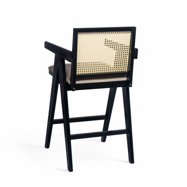 English Elm Christopher Knight Home® - 27" Woven Cane Back Bar Stool with Foam-Padded Polyester Seat, Durable Rubberwood Frame, 300lb Capacity Black+Natural,Cream Grey N780P237930B