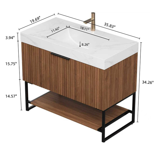 English Elm YOLAN 36" Bathroom Vanity with Integrated Solid Surface Basin, Pre-Assembled Plywood Cabinet, Soft-Close Drawer and Open Towel Shelf Black,Carrara White,Dark Walnut,White W2615S00375