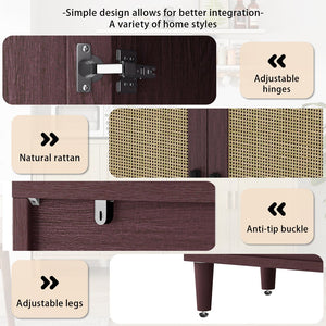 English Elm 70" Rattan Buffet Cabinet with Stylish Woven Doors, 4-Door Sideboard with Adjustable Shelves, Sturdy MDF Frame and Solid Wood Legs Brown W757P279743