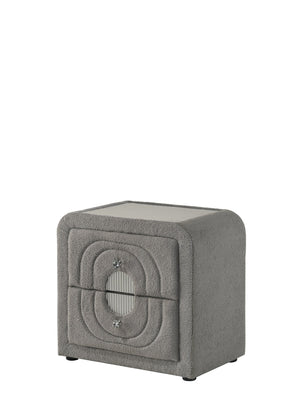 English Elm Shelyn Plush Gray Teddy Sherpa Nightstand with Chrome & Crystal Knobs, Glass Top, Durable Drawers B2726P375347