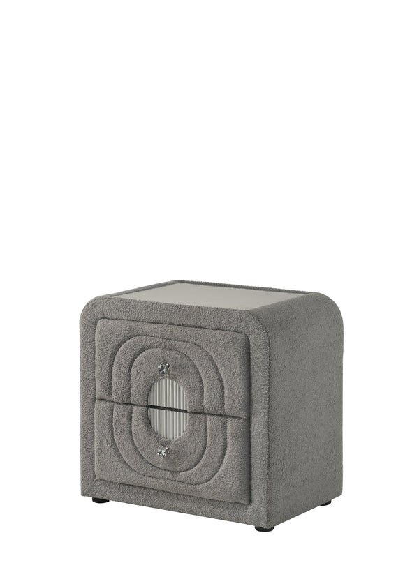 English Elm Shelyn Plush Gray Teddy Sherpa Nightstand with Chrome & Crystal Knobs, Glass Top, Durable Drawers B2726P375347