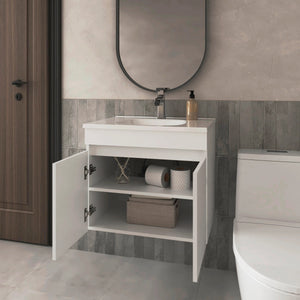 English Elm White Floating Vanity with Dual Doors and Integrated Basin, Wall-Mounted Compact Bathroom Storage Solution B062P303926