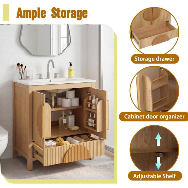 English Elm 30 Inch Fluted Freestanding Bathroom Vanity Solid Wood Soft Close Spa Style W5278S00004