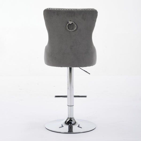 English Elm Thick Velvet Swivel Barstools Adjustable 25-33" Height with 17.7" Chrome Base, Tufted Diamond Pleat Elegance Gray W1143P335043