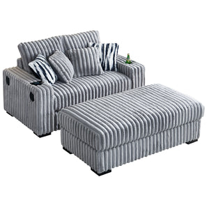 English Elm 61.42Inch Square Arm Loveseat With Ottoman Upholstered Velvet, Bluetooth Speaker, Wireless Charger, USB Ports, Cup Holder, Cozy Channeling Design LIGHT GREY W579S00020