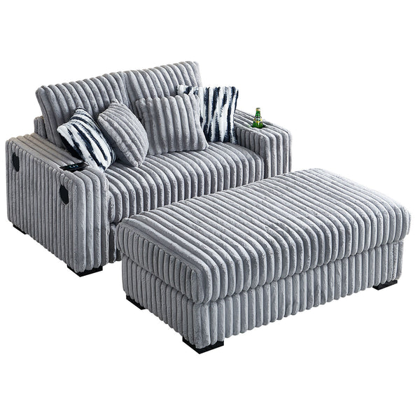 English Elm 61.42Inch Square Arm Loveseat With Ottoman Upholstered Velvet, Bluetooth Speaker, Wireless Charger, USB Ports, Cup Holder, Cozy Channeling Design LIGHT GREY W579S00020