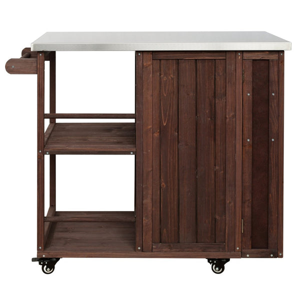 English Elm Foldable Outdoor Kitchen Cart with Stainless Worktop Fir Wood Frame and Lockable Wheels Dark Brown N719P380278S