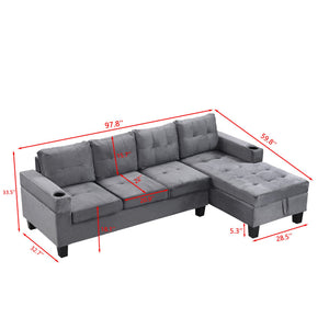 English Elm Sectional PU Sofa Set with L-Chaise, Built-In Cup Holders, Thick Foam Cushions, Modern 4-Seater Comfort Grey 60.62 L x 29.52 W x 13.78 H W2297S00017