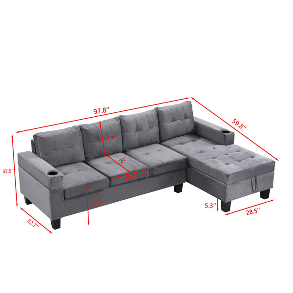 English Elm Sectional PU Sofa Set with L-Chaise, Built-In Cup Holders, Thick Foam Cushions, Modern 4-Seater Comfort Grey 60.62 L x 29.52 W x 13.78 H W2297S00017