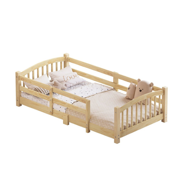 English Elm Twin Montessori Floor Bed Solid Pine Frame with Safety Guardrails for Kids Bedroom Natural N733P400298N