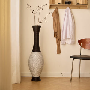 English Elm 39-Inch Tall Standing Designer Floor Vase with Brushed Gold Accents, Durable PVC Rattan Texture, Elegant Home Accent White+Black W2796P193946