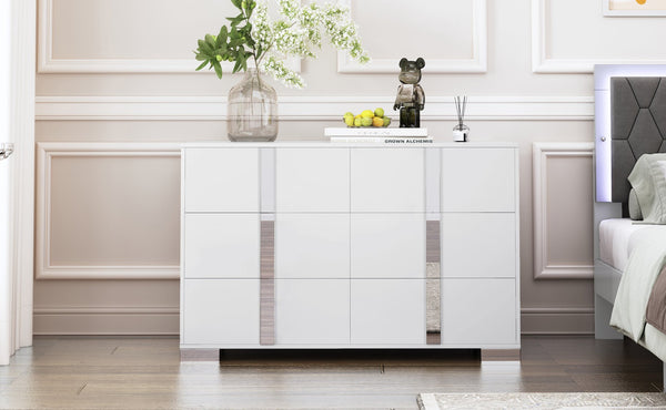 English Elm Elegant Mirrored Dresser with Metal Feet and 6 Spacious Drawers for Organized, Modern Living Spaces White 54.25 L x 20.75 W x 8.5 H N733P307943W