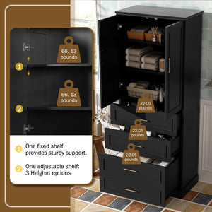English Elm 72.2'' Tall Freestanding Bathroom Cabinet with 3 Drawers, Adjustable Shelf, Soft-Close Doors, Modern Elegant Design Black N729P296769B