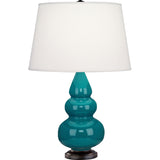 Robert Abbey Peacock Small Triple Gourd Accent Lamp Peacock Glazed Ceramic with Deep Patina Bronze Finished Accents Pearl Dupioni Fabric Shade