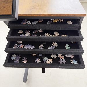 English Elm 1500 Piece Puzzle Table with Tilting Surface Four Felt Trays and Built-in Storage Drawers W347P396030