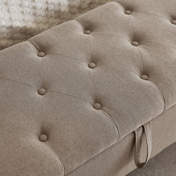 English Elm Ottoman Storage Bench Tufted Linen Upholstered Entryway Seat with Lift Top Shelf Linen W2186P469999