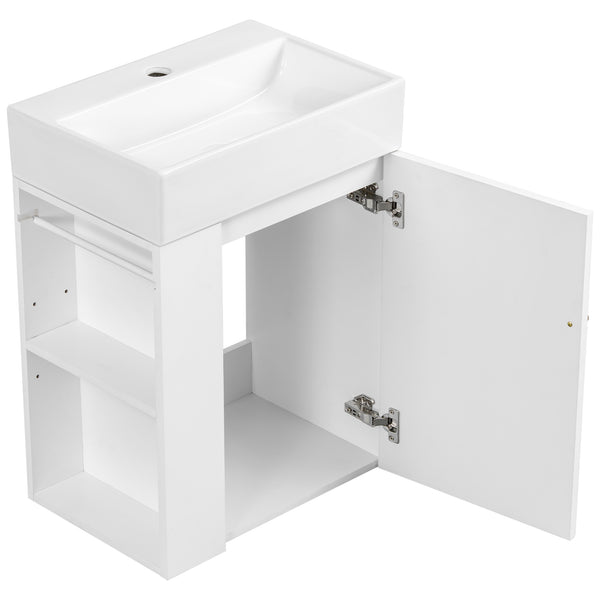 English Elm 20 Modern Wall-Mounted Bathroom Vanity with Ceramic Sink, Diamond Door, Gold Handles & Shelves — Compact White N725P314033K
