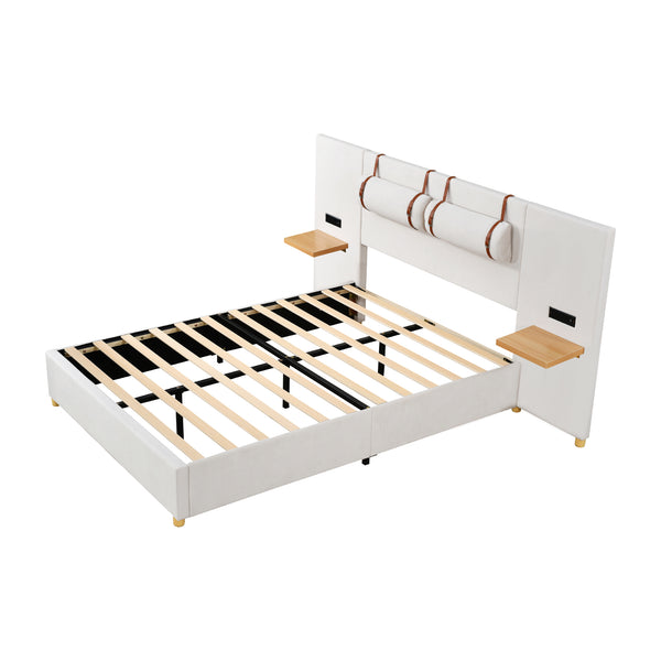 English Elm Full Upholstered Platform Bed with Velvet Headboard, Dual USB Outlets, Built-In Pillows & Shelves Beige WF324744AAA