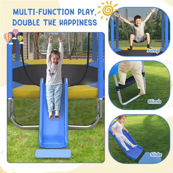 English Elm 7ft Hexagonal Kids Outdoor Trampoline with Enclosure Net Slide and Ladder Blue N739P272805C