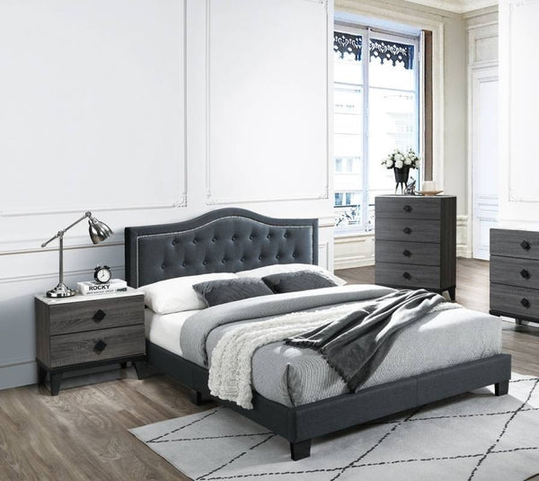 English Elm European Full Bed with Button Tufted Burlap Headboard Charcoal Upholstered Frame B011P414681