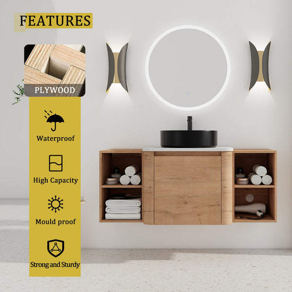 English Elm 48'' Wall-Mounted Bathroom Vanity With Soft-Close Door, Elegant Ceramic Sink & Ample Storage Shelves W999S00409