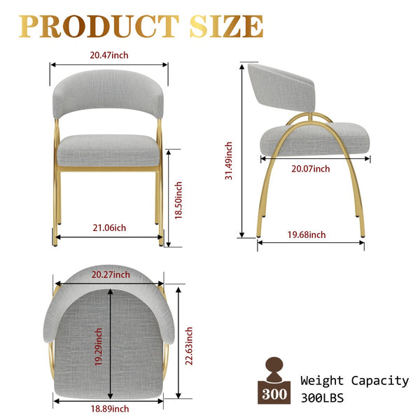 English Elm Dining Chair Set with Curved Back Gold Metal Frame Upholstered Fabric Seat Pair Light Grey W1567P343601