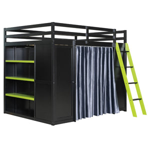 English Elm Full Size Wood Loft Bed with Wardrobe Desk Shelves Rgb Lighting and Blackout Curtains Black+Green LT000269AAF-1