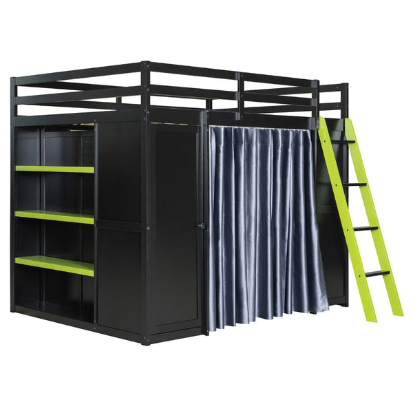 English Elm Full Size Wood Loft Bed with Wardrobe Desk Shelves Rgb Lighting and Blackout Curtains Black+Green LT000269AAF-1