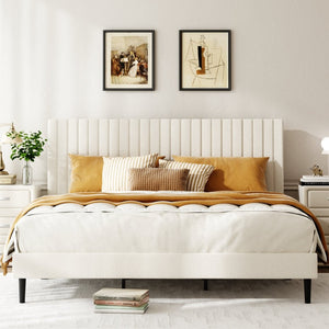 English Elm Queen Velvet Tufted Platform Bed Adjustable Headboard Steel Frame No Box Spring Beige W5239P503297