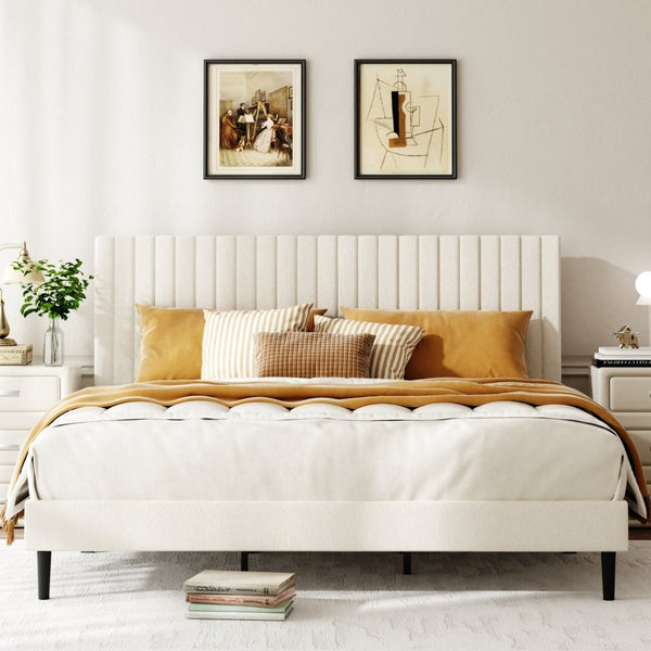 English Elm Queen Velvet Tufted Platform Bed Adjustable Headboard Steel Frame No Box Spring Beige W5239P503297
