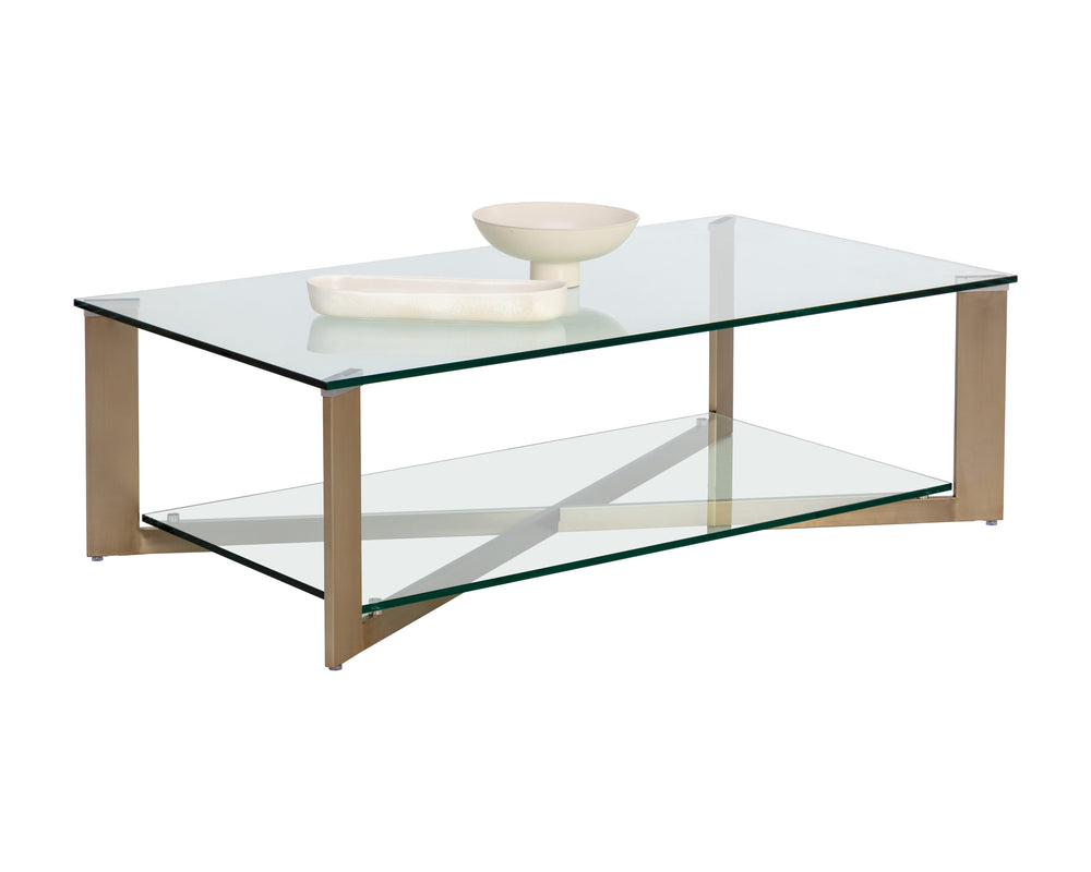 Sunpan Xavier Coffee Table - Modern Tempered Glass with Antique Brass Frame, Perfect for Stylish Decor Rectangular - 51.25W x 27.5D x 16H
