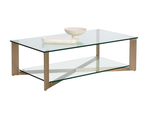 Sunpan Xavier Coffee Table - Modern Tempered Glass with Antique Brass Frame, Perfect for Stylish Decor Rectangular - 51.25W x 27.5D x 16H