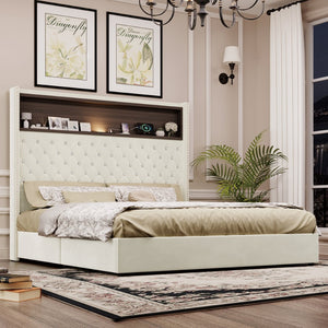 English Elm Queen Velvet Tufted Wingback Platform Bed Tall Headboard with Usb Charging Shelf Beige N733P367135A